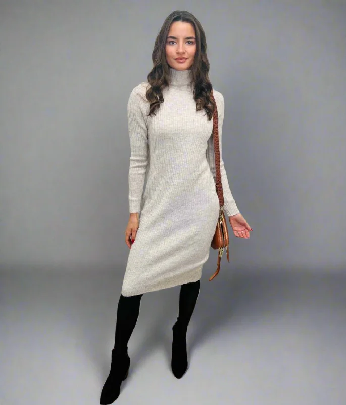 Stylish Women's Garments Oatmeal Ribbed Knitted Funnel Neck Dress