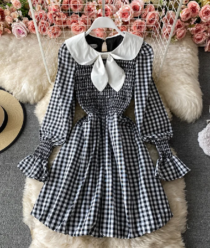 Women's Evening Wear Cute A line short dress black and white plaid dress  877