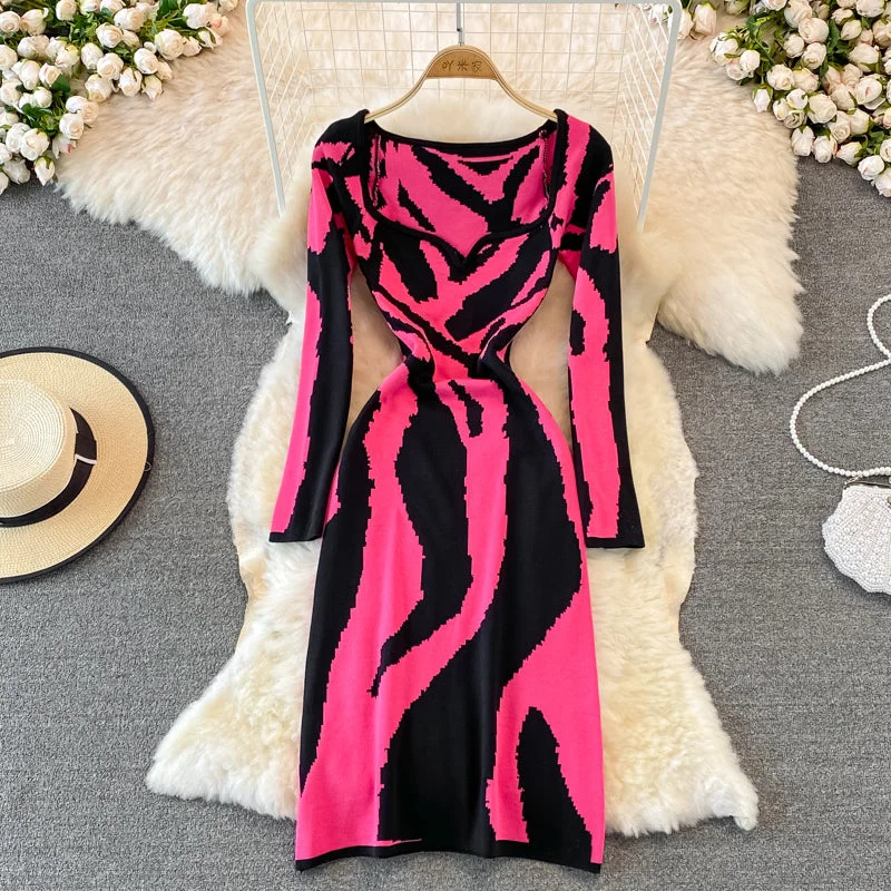 Women's Garments Zebra jacquard knitted square neck dress tight Hip Wrap Skirt  3760