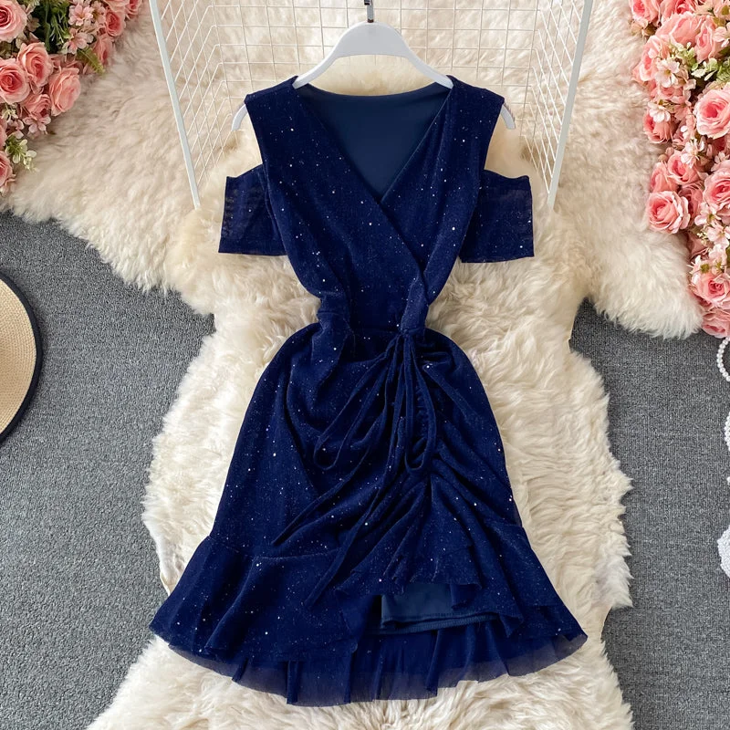 Women's Elegant Garments Sexy cross V-neck Sequin elastic Ruffle Dress  3318
