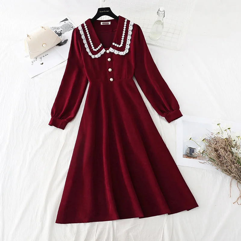 Women Apparel Lace doll neck red dress  2312