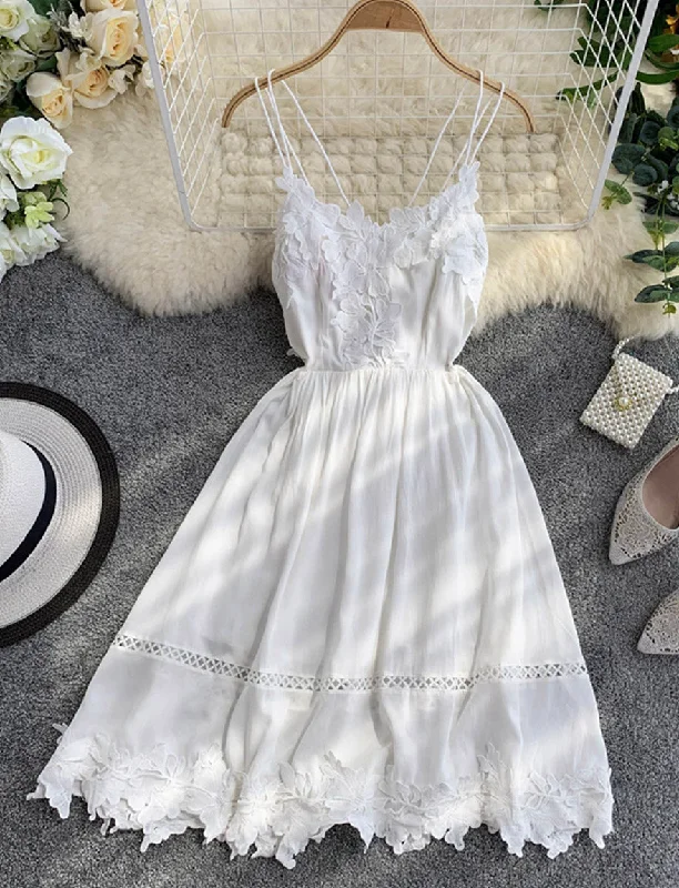 Comfortable Loungewear for Women White lace applique backless dress girl dress  1167