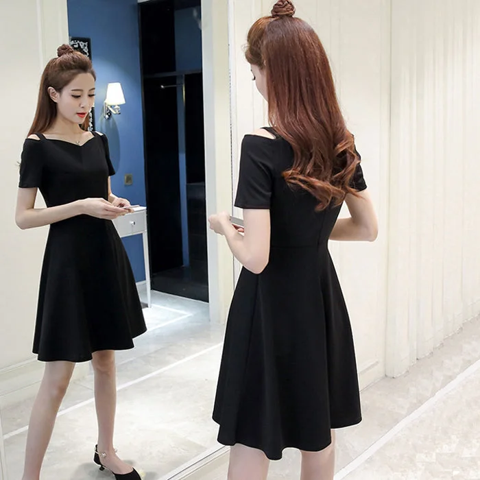 Women's Stylish Outerwear Black A line short dress simple dress  745