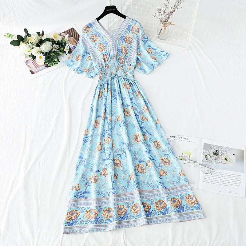 Flash Sale Online Cotton linen dress French retro V-neck national style  4258