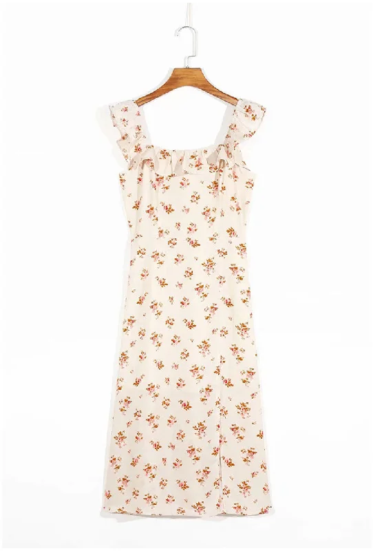 Women's Elegant Outfit French gentle first love elastic wrinkled girl broken flower knee dress  7092