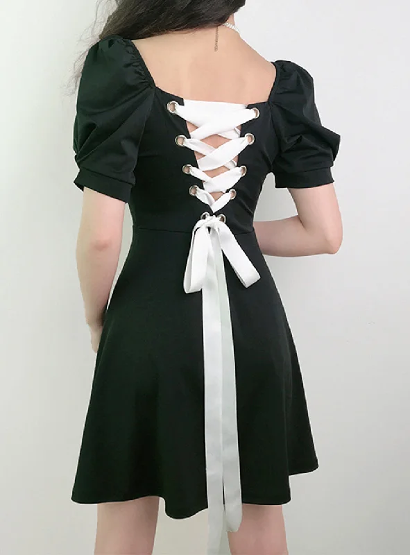 Bold and Elegant Women's Fashion A line puff sleeve little dress black dress  1184