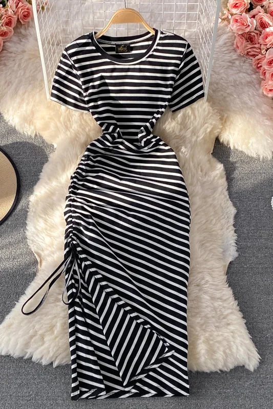 Comfy Women's Outfits for Daily Wear Slim fit waist closing casual side drawcord knee slit stripe dress  1686