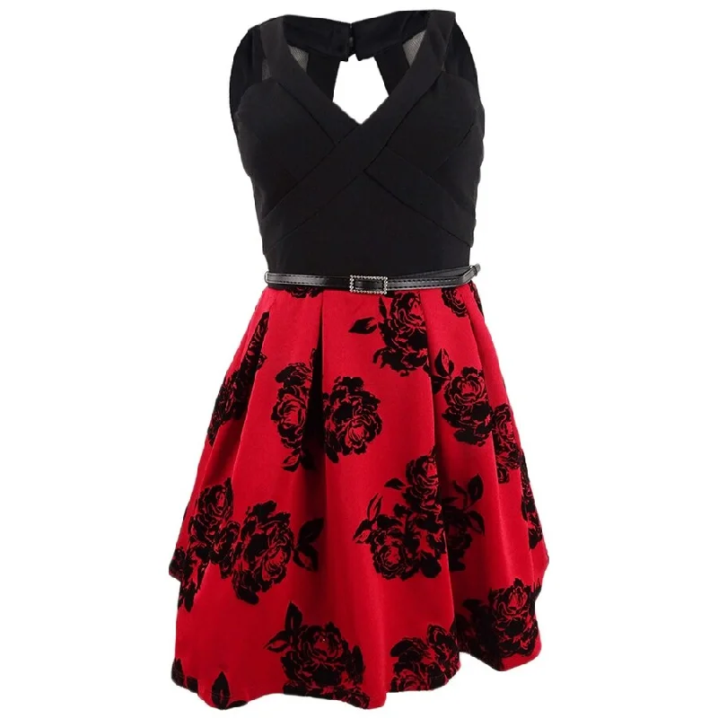 Charming Women's Garments Crystal Doll Juniors' Velvet-Print Fit & Flare Dress (3, Black/Red)