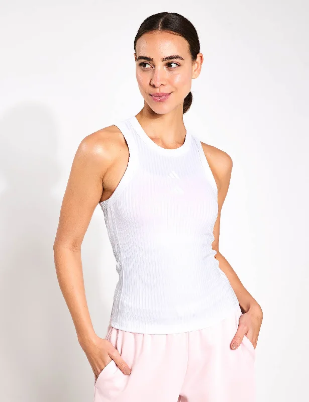 Elevate Your Style And Practice For Less All Gym Seasonal Rib Tight Fit Tonal 3-Stripes Tank Top - White