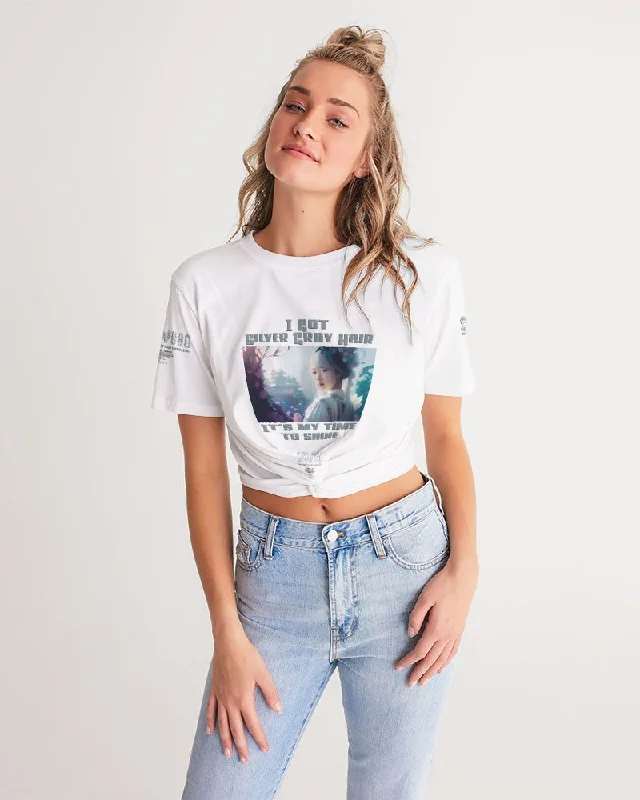 Move Freely With Premium Yoga Clothes At Great Prices Asian sister with silver grey hair Women's All-Over Print Twist-Front Cropped Tee