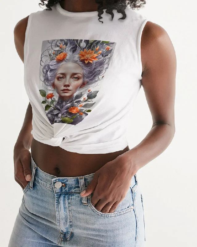 Breathe, Stretch, And Save On Yoga Apparel Beautiful white sister grey hair blossom Women's  All-Over Print Twist-Front Tank