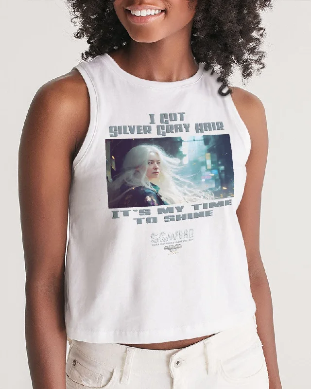Your Yoga Wardrobe, Upgraded For Less Beautiful white woman my time to shine Women's All-Over Print Cropped Tank