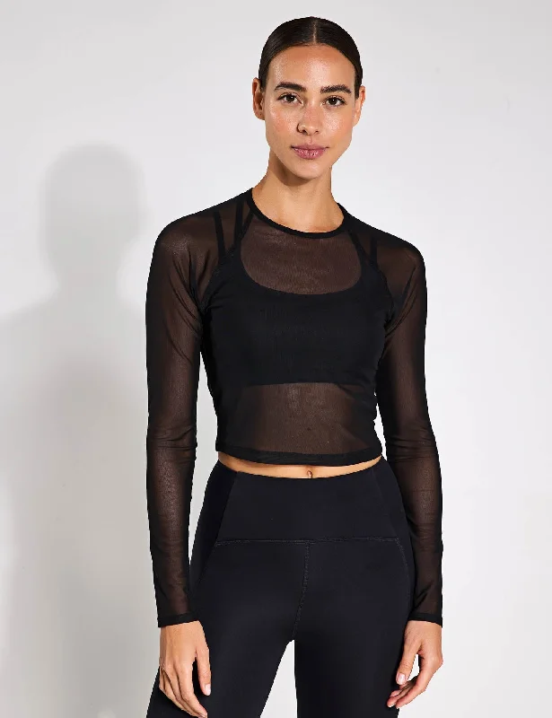 Don't Miss Out On Premium Yoga Wear Deals Show Off Mesh Long Sleeve Cropped Top - Black