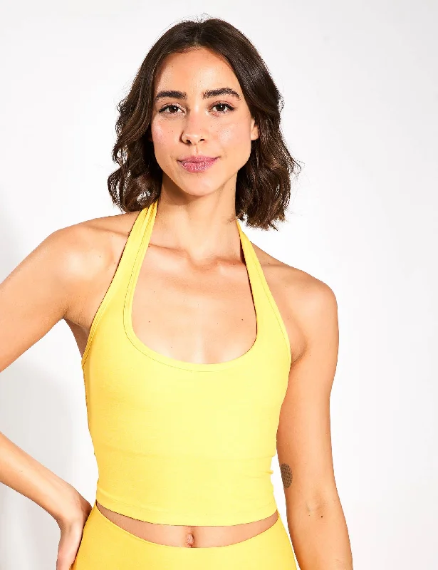 From Warm-Ups To Cooldowns, Shop And Save Spacedye Well Rounded Cropped Halter Tank - Sunflower Heather
