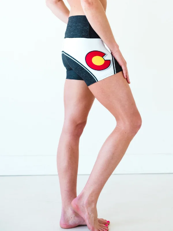 Performance Yoga Wear Now At Exclusive Discounts Black Colorado Flag Yoga Shorts *FINAL SALE*