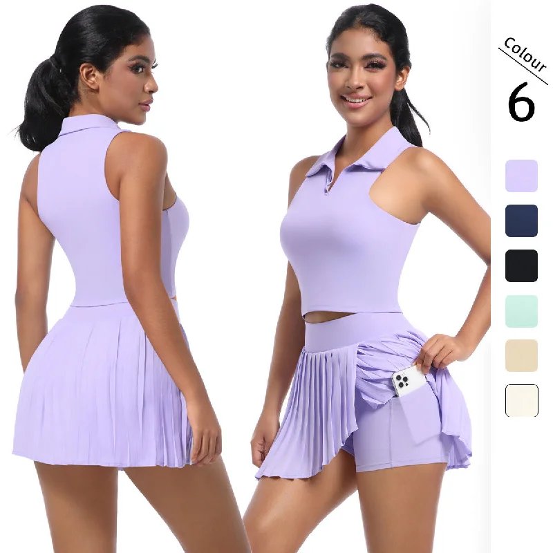 Lightweight, Breathable Yoga Wear At Special Prices Lapel vest breathable pleated skirt suit