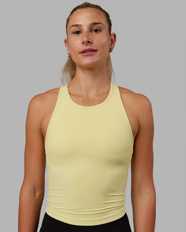 Find Balance In Stylish And Affordable Yoga Wear Luxe Ribbed Flow Performance Tank with Shelf Bra - Lemon Fizz