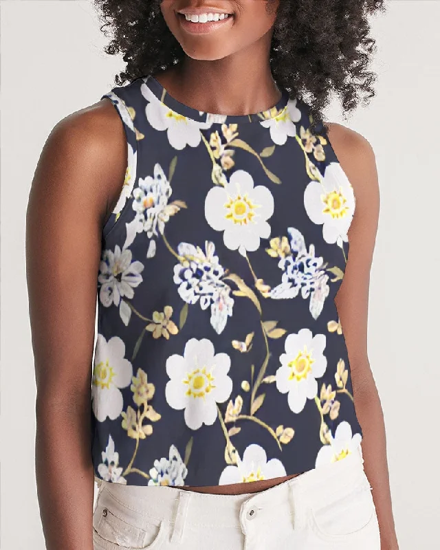 Unmissable Deals On Flexible Yoga Apparel Pink flower black background Women's All-Over Print Cropped Tank