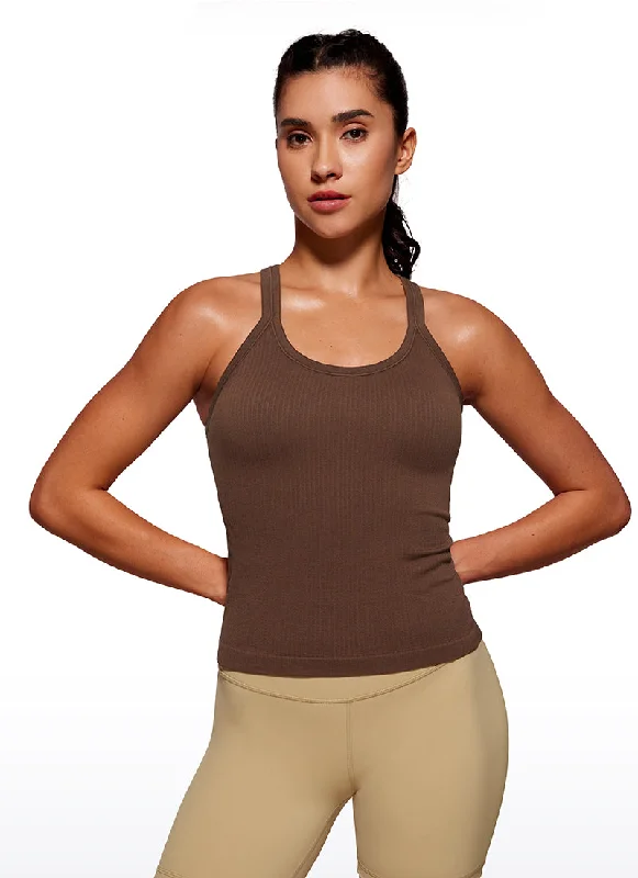 Limited-Time Savings On Yoga Leggings And Tops Seamless Ribbed Waist Length Racerback Built in Bra Tanks