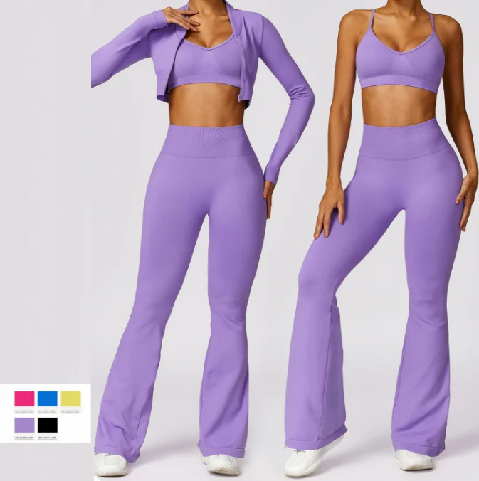 Find Balance In Stylish And Affordable Yoga Wear Seamless beauty back yoga dress three-piece hip lift flared pants 7502