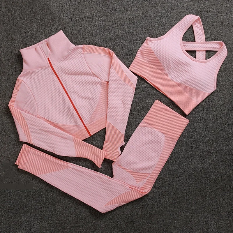 Breathe Easy In Comfortable Yoga Outfits Seamless Tracksuit Women Bra Top And Legging Three Piece Set Fitness Outfits For Women Long Sleeve  Jogging Femme Matching Sets