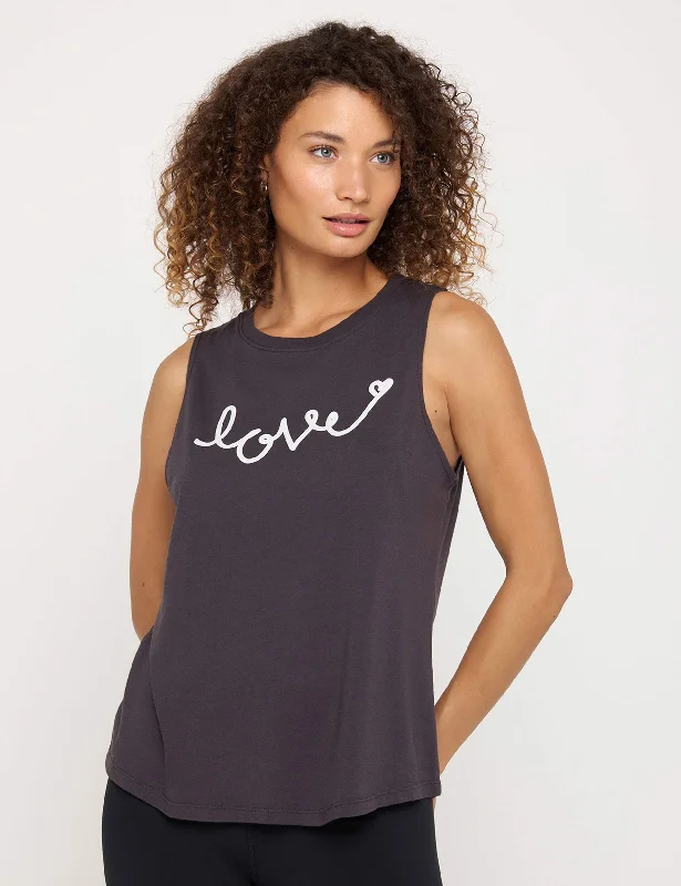 Namaste And Save On Yoga Apparel Love Script Jade Muscle Tank - Vintage Black