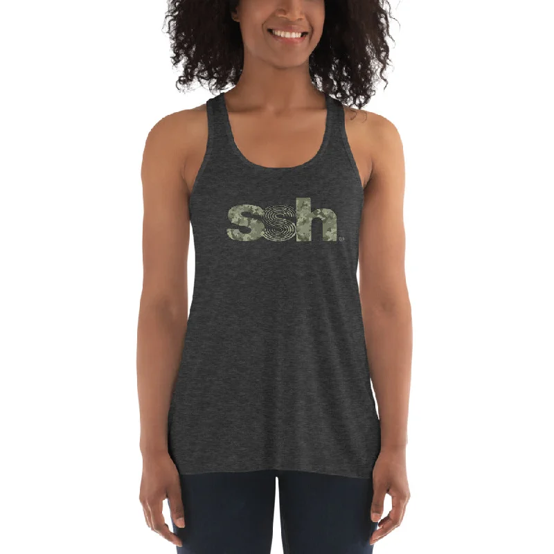 The Best Yoga Wear At The Best Prices Steve Silk Hurley's ssh® branded Women's Flowy Racerback Tank (Heather Gray, with Green Camo)