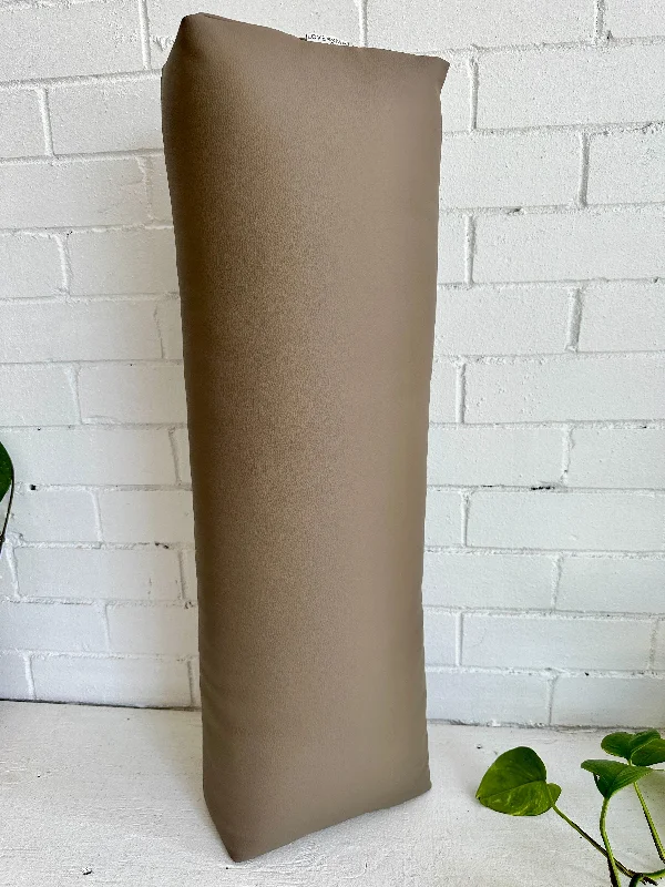 Comfort Meets Style In Our Yoga Sale Taupe Vinyl Long & Lean Bolster