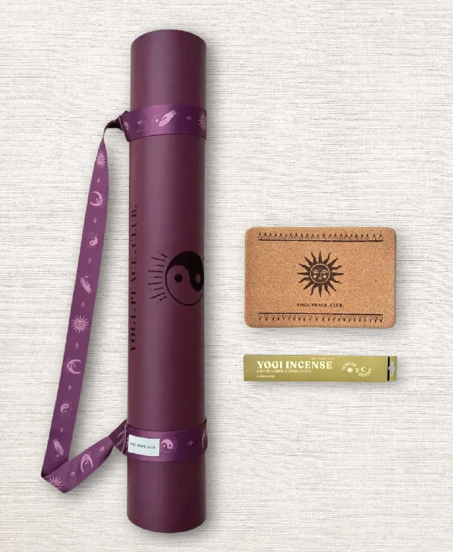Yoga Accessories At Unbeatable Prices 5 mm Yoga Pack - Deluxe Plum Yoga Mat + Block + Strap + Incense