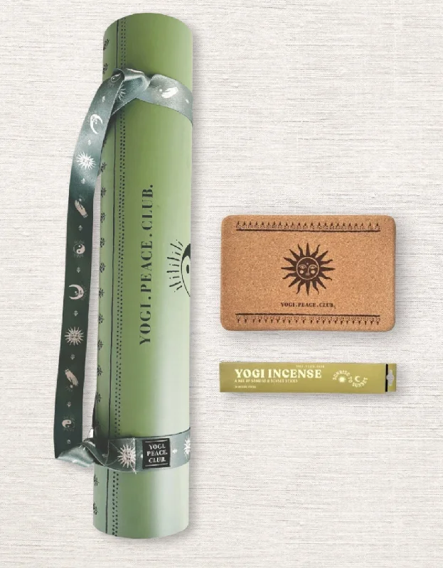 Stretch In Comfort With Affordable Yoga Gear 5 mm Yoga Pack - Sage Deluxe Yoga Mat + Block + Strap + Incense