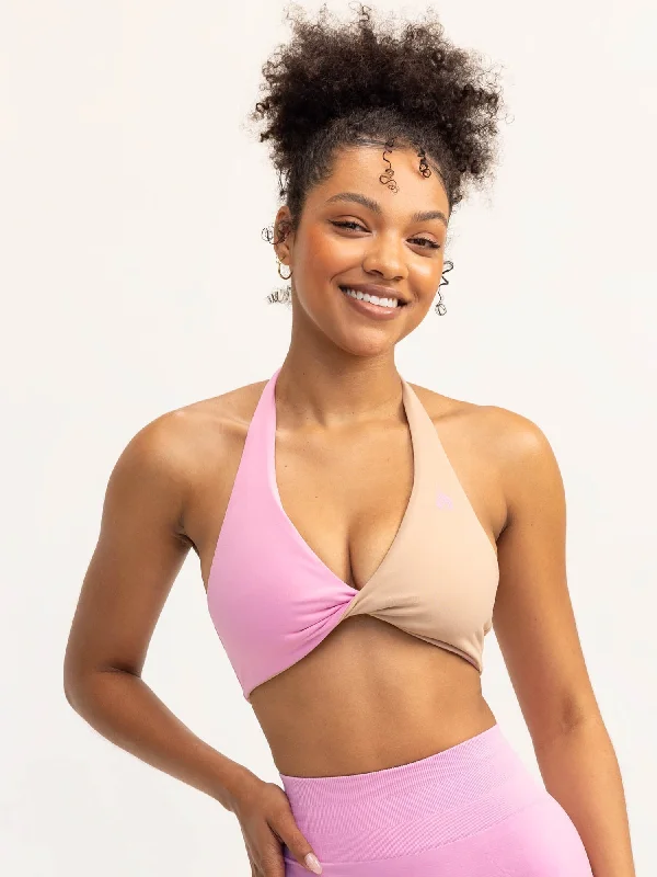 Elevate Your Practice With Affordable Yoga Wear Duo Halter Twist Sports Bra - Musk Pink/Tan