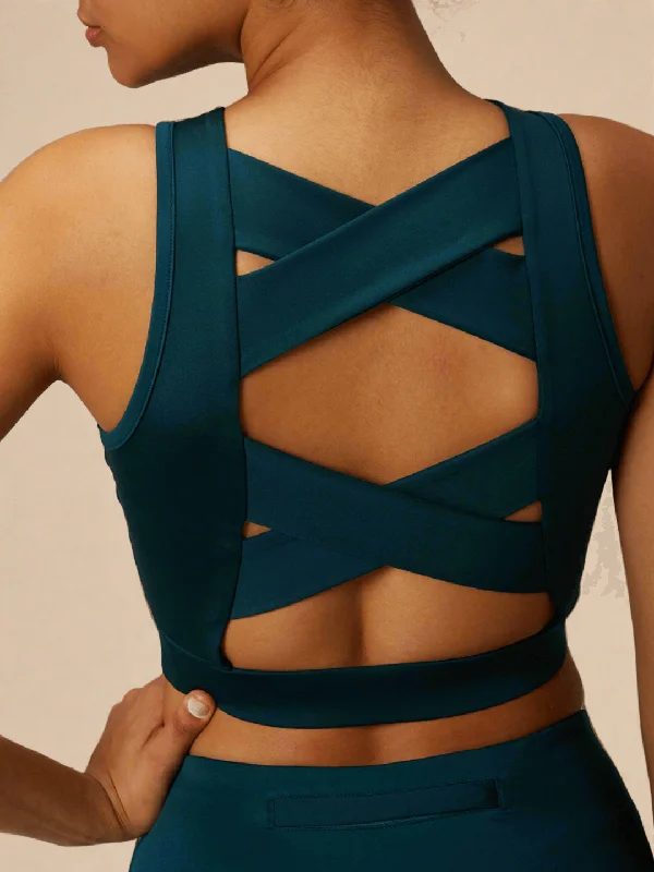 Flex Your Budget With Premium Yoga Clothing Deals Padded Cross Back Crop Top Teal